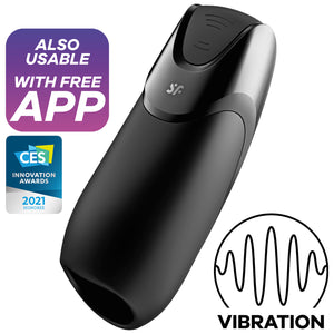 Also usable with free app, CES Innovation Awards 2021 honoree. In the middle is the Satisfyer Men Vibration+ Vibrator with visible controls on the top of the product marked by arching waves, facing the opposite from each other, and the SF logo below the controls. On the bottom right of the image is an icon for Vibration.