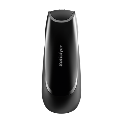 Front view of the Satisfyer Men Vibration+ Vibrator with the charging port visible on top, and the Satisfyer logo in the middle of the product.