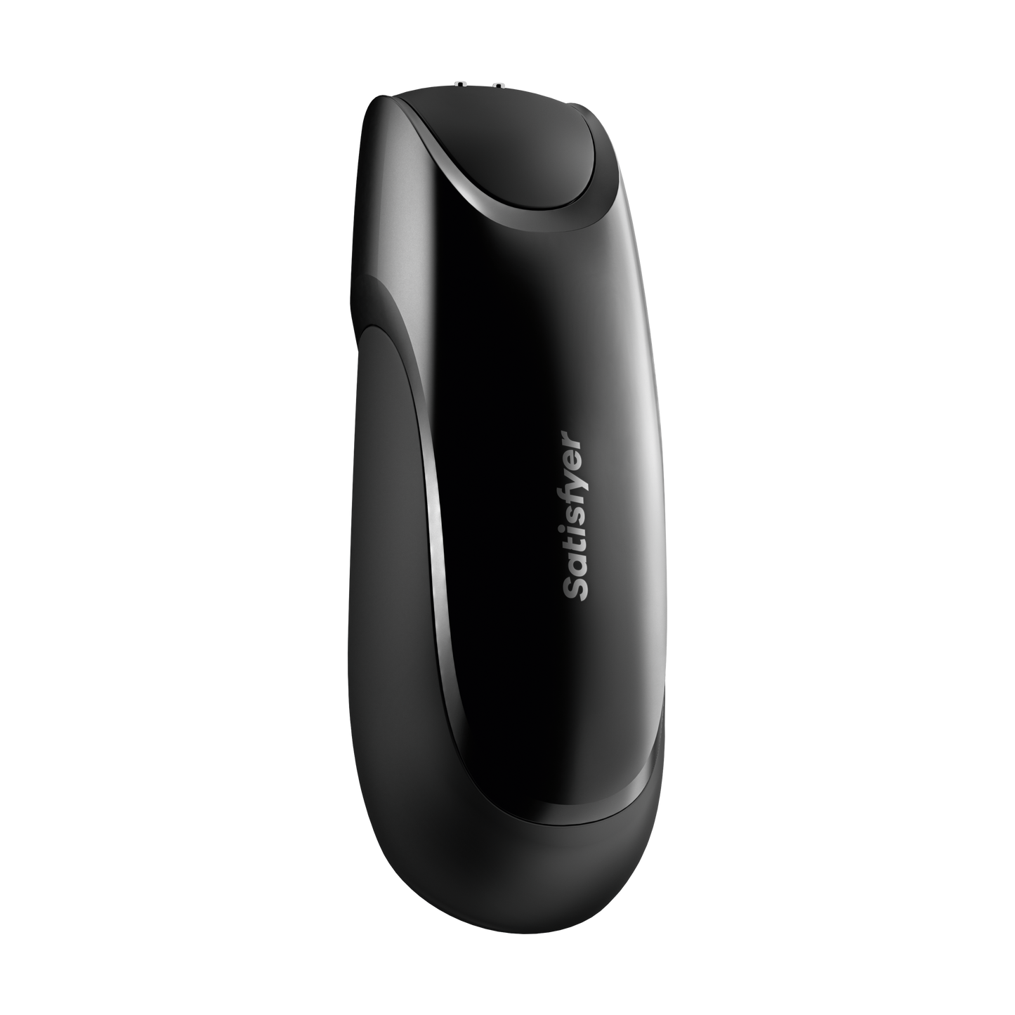 Front side of Satisfyer Men Vibration+ Vibrator with the charging port visible on top, and Satisfyer logo in the middle.