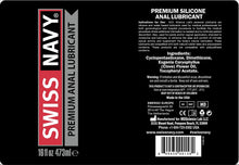 Load image into Gallery viewer, Label for Swiss Navy Premium Anal Lubricant 16 fl oz 473 ml bottle. PREMIUM SILICONE ANAL LUBRICANT Indications for Use: M.D. Science Lab&#39;s personal lubricants are silicone and water based lubricants used by medical professionals for both gynecological and hospital procedures to facilitate the medical procedure where additional lubrication is needed and to minimize patient discomfort.