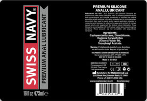 Label for Swiss Navy Premium Anal Lubricant 16 fl oz 473 ml bottle. PREMIUM SILICONE ANAL LUBRICANT Indications for Use: M.D. Science Lab's personal lubricants are silicone and water based lubricants used by medical professionals for both gynecological and hospital procedures to facilitate the medical procedure where additional lubrication is needed and to minimize patient discomfort.