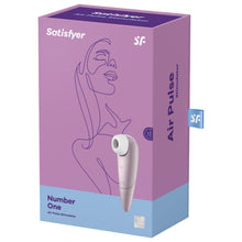 Load image into Gallery viewer, Front of the package for the Satisfyer Number One Air Pulse Stimulator, on the top of the package are the Satisfyer logos, on the left side is the Stimulator, with a 15 year guarantee mark on the bottom right. On the right side of the package is written Air Pulse Stimulator, with the SG tag sticking out from the back.