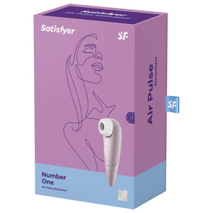 Front of the package for the Satisfyer Number One Air Pulse Stimulator, on the top of the package are the Satisfyer logos, on the left side is the Stimulator, with a 15 year guarantee mark on the bottom right. On the right side of the package is written Air Pulse Stimulator, with the SG tag sticking out from the back.
