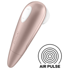 Load image into Gallery viewer, Back of the Satisfyer Number One Air Pulse Stimulator, on the top of the product is a dual button marked by two arching air waves facing away from each other, the top button has 5 engraved air waves, compared to the bottom button with 2 engraved air waves, and on the middle part of the product has the Satisfyer logo on it. On the bottom right of the image is an icon for Air Pulse.
