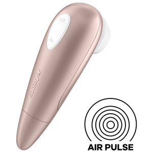 Back of the Satisfyer Number One Air Pulse Stimulator, on the top of the product is a dual button marked by two arching air waves facing away from each other, the top button has 5 engraved air waves, compared to the bottom button with 2 engraved air waves, and on the middle part of the product has the Satisfyer logo on it. On the bottom right of the image is an icon for Air Pulse.