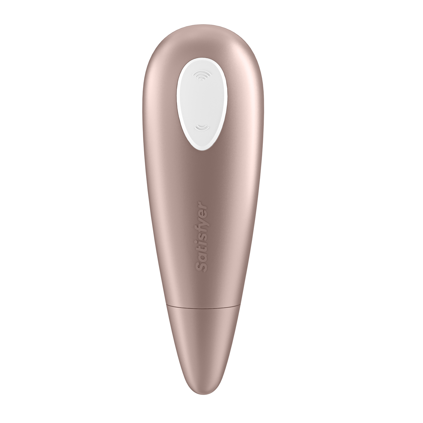 Back of the Satisfyer Number One Air Pulse Stimulator, on the top part of the product is visible the white dual button with the Satisfyer logo engraved on the middle part of the handle.