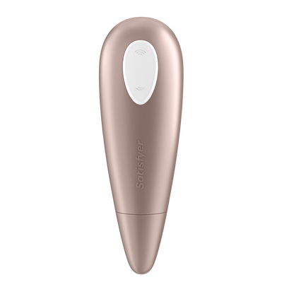 Back of the Satisfyer Number One Air Pulse Stimulator, on the top part of the product is visible the white dual button with the Satisfyer logo engraved on the middle part of the handle.