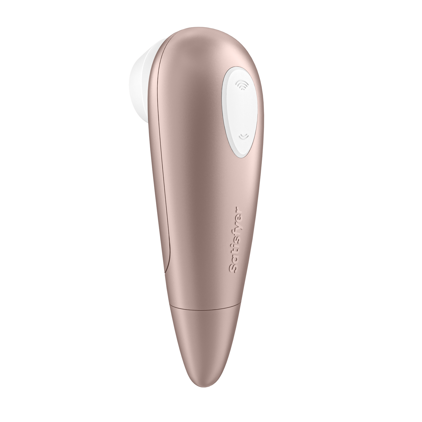 Left back side of the Satisfyer Number One Air Pulse Stimulator, with the white intensity control dual button on the top, of the handle , and the Satisfyer logo on the middle part of the product.