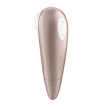 Load image into Gallery viewer, Left back side of the Satisfyer Number One Air Pulse Stimulator, with the white intensity control dual button on the top, of the handle , and the Satisfyer logo on the middle part of the product.