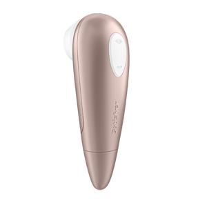 Left back side of the Satisfyer Number One Air Pulse Stimulator, with the white intensity control dual button on the top, of the handle , and the Satisfyer logo on the middle part of the product.