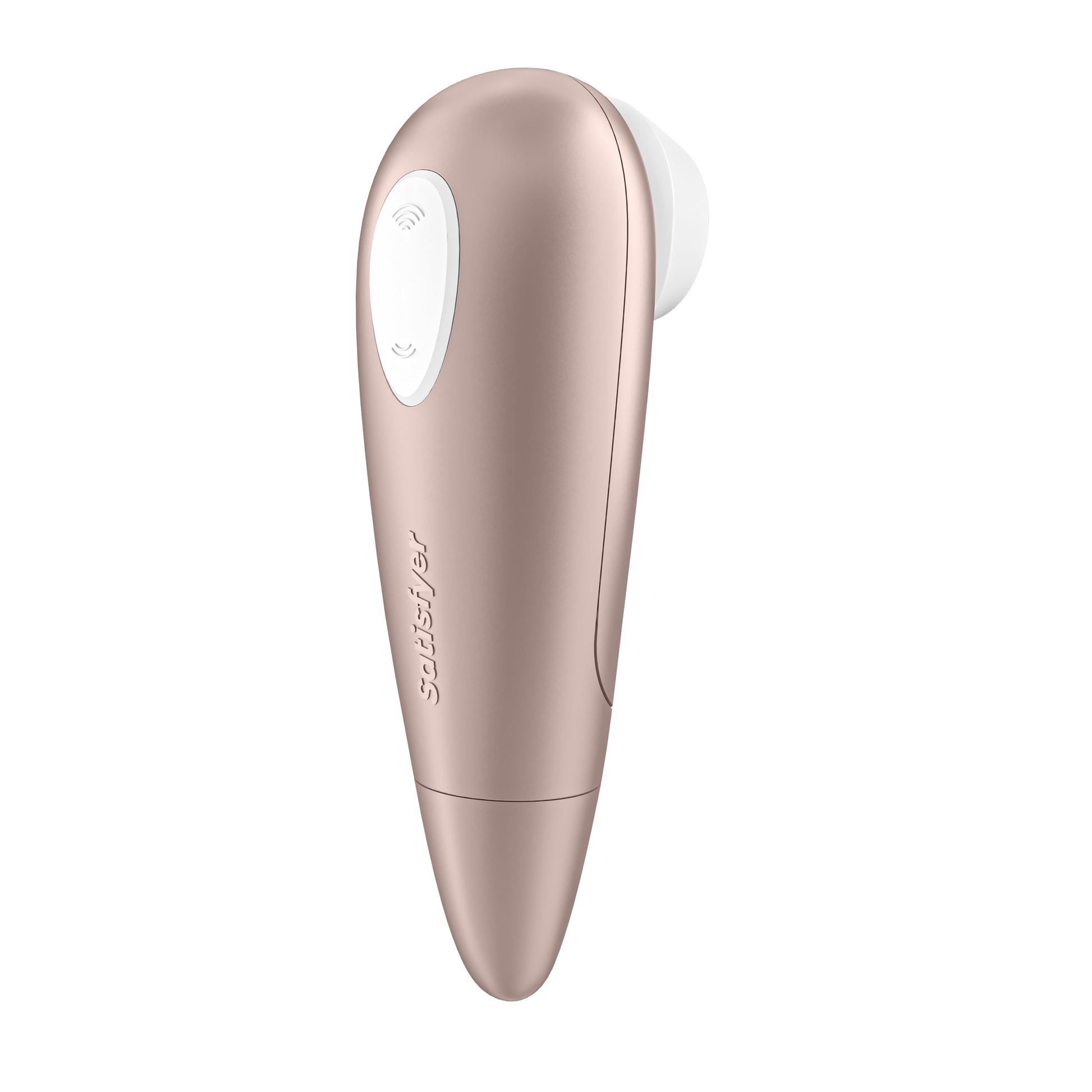 Back of the Satisfyer Number One Air Pulse Stimulator, on the top of the product is a dual button marked by two arching air waves facing away from each other, the top button has 5 engraved air waves, compared to the bottom button with 2 engraved air waves, and on the middle part of the product has the Satisfyer logo on it.