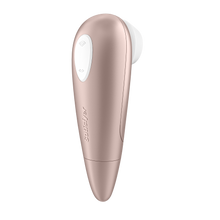 Load image into Gallery viewer, Back of the Satisfyer Number One Air Pulse Stimulator, on the top of the product is a dual button marked by two arching air waves facing away from each other, the top button has 5 engraved air waves, compared to the bottom button with 2 engraved air waves, and on the middle part of the product has the Satisfyer logo on it.