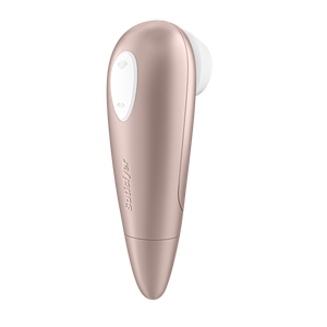 Back of the Satisfyer Number One Air Pulse Stimulator, on the top of the product is a dual button marked by two arching air waves facing away from each other, the top button has 5 engraved air waves, compared to the bottom button with 2 engraved air waves, and on the middle part of the product has the Satisfyer logo on it.