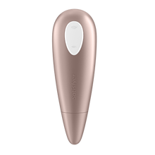 Load image into Gallery viewer, Back of the Satisfyer Number One Air Pulse Stimulator, on the top part of the product is visible the white dual button with the Satisfyer logo engraved on the middle part of the handle.