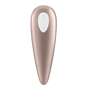 Back of the Satisfyer Number One Air Pulse Stimulator, on the top part of the product is visible the white dual button with the Satisfyer logo engraved on the middle part of the handle.