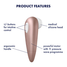 Load image into Gallery viewer, Satisfyer Number One Air Pulse Stimulator Product Features (clockwise): medical silicone head (pointing to the silicone head); powerful motors with 11 pressure wave programme (pointing to the middle part of the program); ergonomic handle (pointing to the lower part of the product); + / - buttons for intuitive control (pointing to the dual buttons).