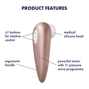 Satisfyer Number One Air Pulse Stimulator Product Features (clockwise): medical silicone head (pointing to the silicone head); powerful motors with 11 pressure wave programme (pointing to the middle part of the program); ergonomic handle (pointing to the lower part of the product); + / - buttons for intuitive control (pointing to the dual buttons).