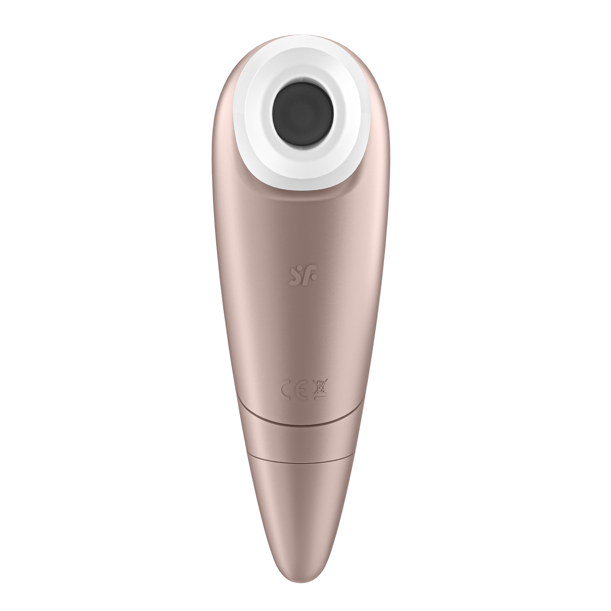 Front of the Satisfyer Number One Air Pulse Stimulator, with the SF logo visible on the middle part of the product.