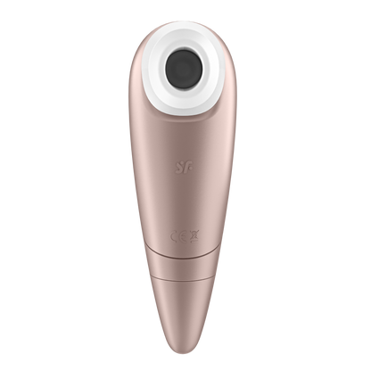 Front of the Satisfyer Number One Air Pulse Stimulator, with the SF logo visible on the middle part of the product.