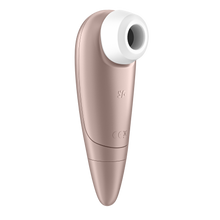 Load image into Gallery viewer, Front left side of the Back of the Satisfyer Number One Air Pulse Stimulator, on the top is visible inside the head, and on the middle part of the product is the SF logo.