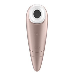 Front of the Satisfyer Number One Air Pulse Stimulator, with the SF logo visible on the middle part of the product.