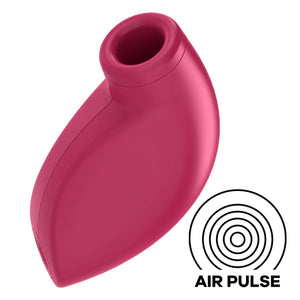 Front right side of the Satisfyer One Night Stand Air Pulse Stimulator facing up, and on the bottom right of the image is an icon for Air Pulse.