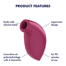 Load image into Gallery viewer, Satisfyer One Night Stand Air Pulse Stimulator Product Features (Clockwise): ergonomic design (pointing to the upper right of the product); for 90 minutes of use (pointing to the lower right of the product); innovative air pulse technology with 4 intensities (pointing to the lower left of the product); body-safe technology (pointing to thehead of the product).