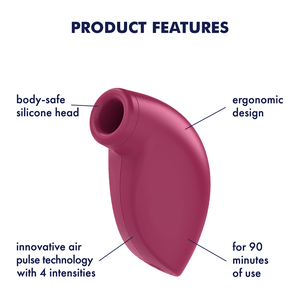 Satisfyer One Night Stand Air Pulse Stimulator Product Features (Clockwise): ergonomic design (pointing to the upper right of the product); for 90 minutes of use (pointing to the lower right of the product); innovative air pulse technology with 4 intensities (pointing to the lower left of the product); body-safe technology (pointing to thehead of the product).
