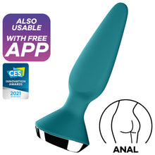 Charger l&#39;image dans la galerie, Also Usable with free app, CES Innovation awards 2021 Honoree. In the middle is the Satisfyer Plug-ilicious 1 Plug Vibrator, and on the bottom right of the image is an icon for Anal.