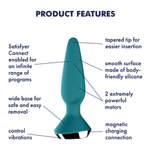 Load image into Gallery viewer, Satisfyer Plug-ilicious 1 Plug Vibrator Product Features (clockwise): tapered tip for easier insertion (pointing to the tip); smooth surface made of body-friendly silicone (pointing to upper part); 2 extremely powerful motors (pointing to upper, and middle part); mafnetic charging connection (pointing to back of base); control vibrations (pointing to back of base); wide base for safe and easy removal (pointing to base); Satisfyer Connect enabled for an infinite range of programs (pointing to upper part).