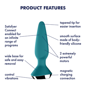 Satisfyer Plug-ilicious 1 Plug Vibrator Product Features (clockwise): tapered tip for easier insertion (pointing to the tip); smooth surface made of body-friendly silicone (pointing to upper part); 2 extremely powerful motors (pointing to upper, and middle part); mafnetic charging connection (pointing to back of base); control vibrations (pointing to back of base); wide base for safe and easy removal (pointing to base); Satisfyer Connect enabled for an infinite range of programs (pointing to upper part).