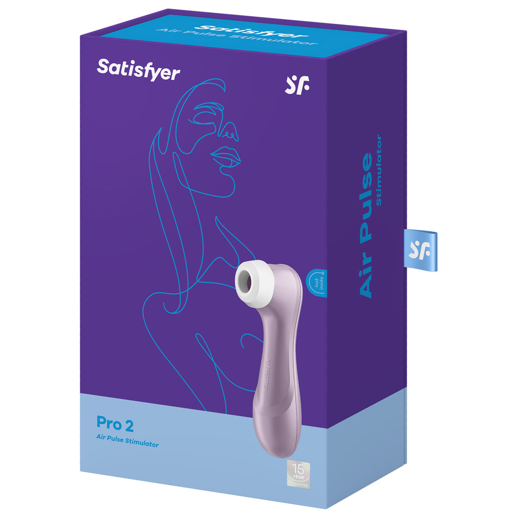 On the front of the package at the top are the Satisfyer logos, on the bottom left corner is written Pro 2 Air Pulse Stimulator, on the right side is the product facing front left, and on the bottom right is the 15 year guarantee mark. On the right side of the package is written Air Pulse Stimulator, and a tag sticking out from the back with the SF logo.