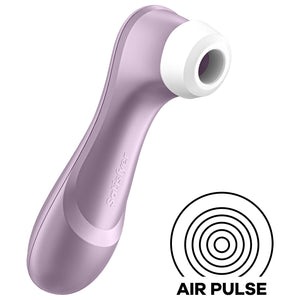 Satisfyer Pro 2 Air Pulse Stimulator facing front right, on the product the Satisfyer logo is visible in the middle of the handle. On the bottom right of the image is an icon for Air Pulse.