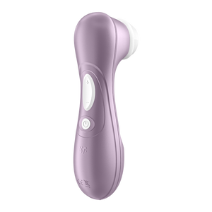 Back Left Side of the Satisfyer Pro 2 Air Pulse Stimulator with the white dual control buttons that are marked by + and -, and below is a seperate power button. On the lower part of the handle is the SF logo. 