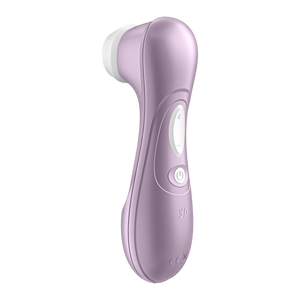 Back right side of the Satisfyer Pro 2 Air Pulse Stimulator, on the middle part of the handle is the dual control button marked by + and -, and below is the power button. Below the controls is a SF logo.