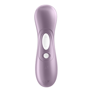 Back of the Satisfyer Pro 2 Air Pulse Stimulator, the dual control button is visible on the middle part of the handle marked by + and -, and below that is the power button. Below the controls is a SF logo.