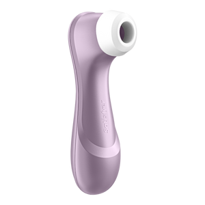 Front left side of the Satisfyer Pro 2 Air Pulse Stimulator, the Satisfyer logo is also visible on the middle of the handle.