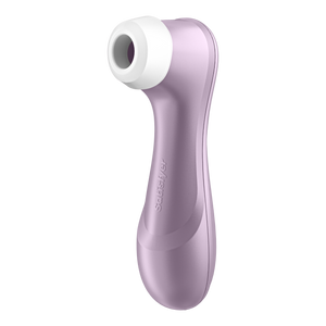 Front left side of the Satisfyer Pro 2 Air Pulse Stimulator, and on the middle part of the handle is the Satisfyer logo.