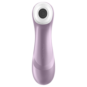 Front of the Satisfyer Pro 2 Air Pulse Stimulator, and the Satisfyer logo is visible on the middle part of the handle.