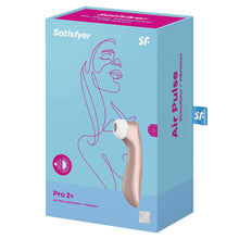 Charger l&#39;image dans la galerie, On the front of the package at the top are the Satisfyer logos, on the left side is an icon for Air Pulse and Vibration, on the bottom left is the name of the product Pro 2+ Air Pulse Stimulator + Vibration, on the right side is the product facing front left, and on the bottom right is the 15 year guarantee mark. On the right side of the package is written Air Pulse Stimulator + Vibration, and from the back is a tag that&#39;s sticking out with the SF logo.