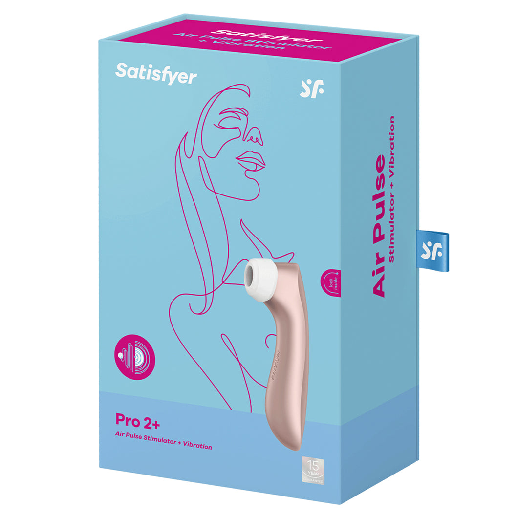 On the front of the package at the top are the Satisfyer logos, on the left side is an icon for Air Pulse and Vibration, on the bottom left is the name of the product Pro 2+ Air Pulse Stimulator + Vibration, on the right side is the product facing front left, and on the bottom right is the 15 year guarantee mark. On the right side of the package is written Air Pulse Stimulator + Vibration, and from the back is a tag that's sticking out with the SF logo.