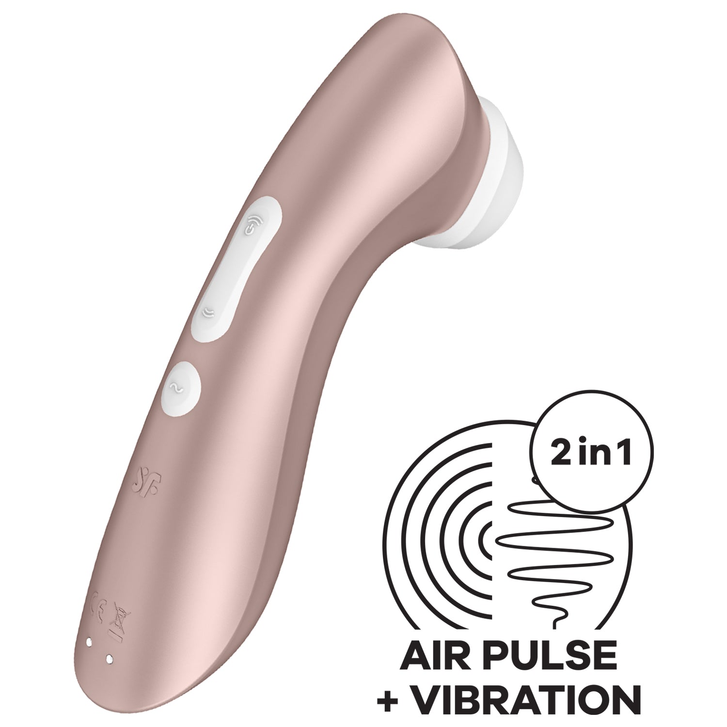 On the left side is the Satisfyer Pro 2+ Air Pulse Stimulator facing back right. On the handle are the controls, with the top dual button controls the intensities marked by arching air pulse waves facing the opposite of each other, and the top dual button is also the power button, and the bottom button is round and has a squiggly wave. Below is an engraved SF logo, and at the bottom of the handle is the charging port. On the bottom right of the image is an icon for 2 in 1 Air Pulse + Vibration.