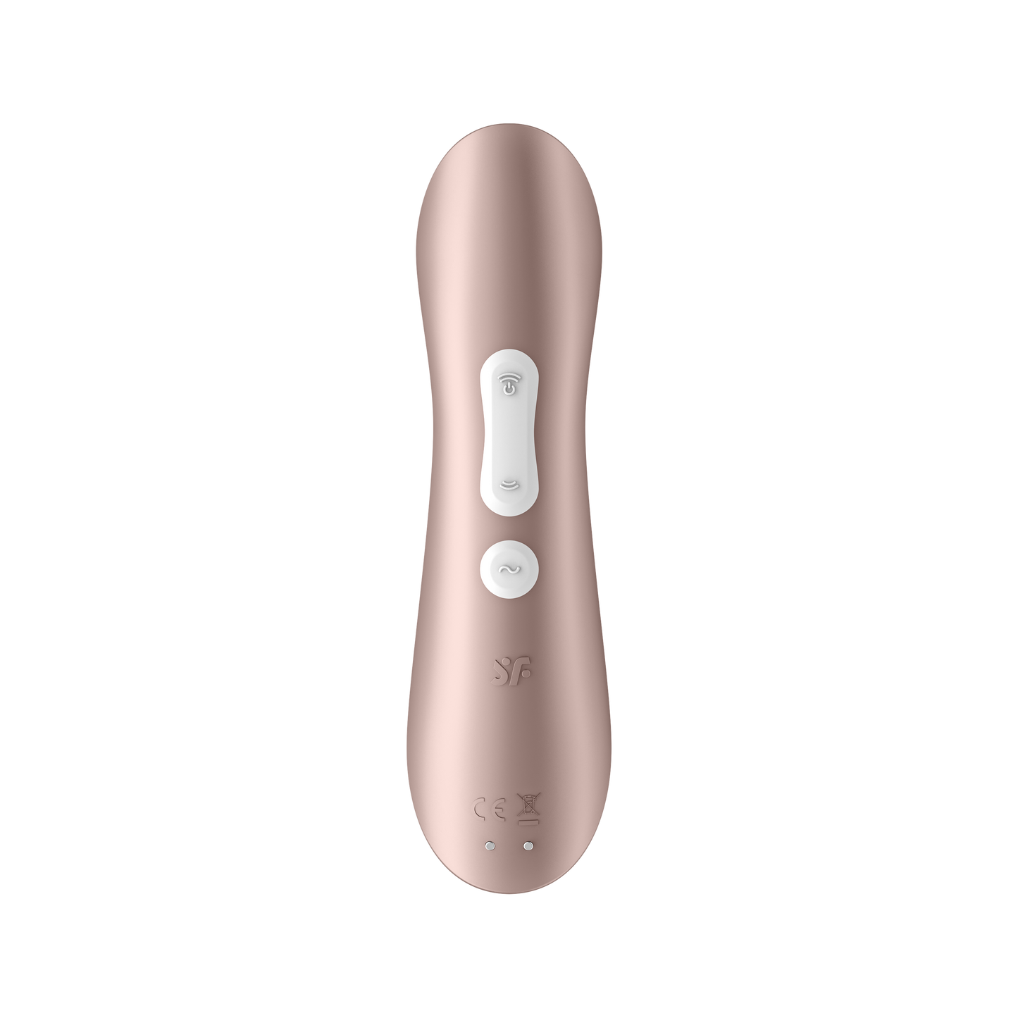 Back of the Satisfyer Pro 2+ Air Pulse Stimulator. The control buttons are visible on the middle part of the handle marked by arching air waves facing away from each other, the top of the dual button is also the power button, below is a round vibration programme button marked by a horizontal S. Below the controls is the SF logo engraved on the product, and at the bottom of the handle is the charging port.