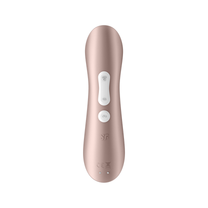 Back of the Satisfyer Pro 2+ Air Pulse Stimulator. The control buttons are visible on the middle part of the handle marked by arching air waves facing away from each other, the top of the dual button is also the power button, below is a round vibration programme button marked by a horizontal S. Below the controls is the SF logo engraved on the product, and at the bottom of the handle is the charging port.