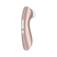 Charger l&#39;image dans la galerie, Left side of the Satisfyer Pro 2+ Air Pulse Stimulator from the back. On the handle are the dual pressure wave intensities button, marked by two arching waves facing away from each other, the top dual button is also the power button. Below is the vibrations programme round button, the SF logo is engraved underneath the controls and at the bottom of the handle is the charging port.