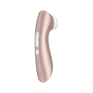 Left side of the Satisfyer Pro 2+ Air Pulse Stimulator from the back. On the handle are the dual pressure wave intensities button, marked by two arching waves facing away from each other, the top dual button is also the power button. Below is the vibrations programme round button, the SF logo is engraved underneath the controls and at the bottom of the handle is the charging port.