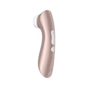 Right side view from the back of the Satisfyer Pro 2+ Air Pulse Stimulator. On the back of the handle towards the right side are the controls, the top is the dual pressure wave intensity marked by arching waves facing away from each other, and at the bottom is the round vibration programme button, below is engraved SF logo, and at the bottom of the handle is the charging port.