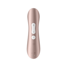 Charger l&#39;image dans la galerie, Back of the Satisfyer Pro 2+ Air Pulse Stimulator. The control buttons are visible on the middle part of the handle marked by arching air waves facing away from each other, the top of the dual button is also the power button, below is a round vibration programme button marked by a horizontal S. Below the controls is the SF logo engraved on the product, and at the bottom of the handle is the charging port.