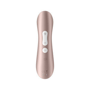 Back of the Satisfyer Pro 2+ Air Pulse Stimulator. The control buttons are visible on the middle part of the handle marked by arching air waves facing away from each other, the top of the dual button is also the power button, below is a round vibration programme button marked by a horizontal S. Below the controls is the SF logo engraved on the product, and at the bottom of the handle is the charging port.