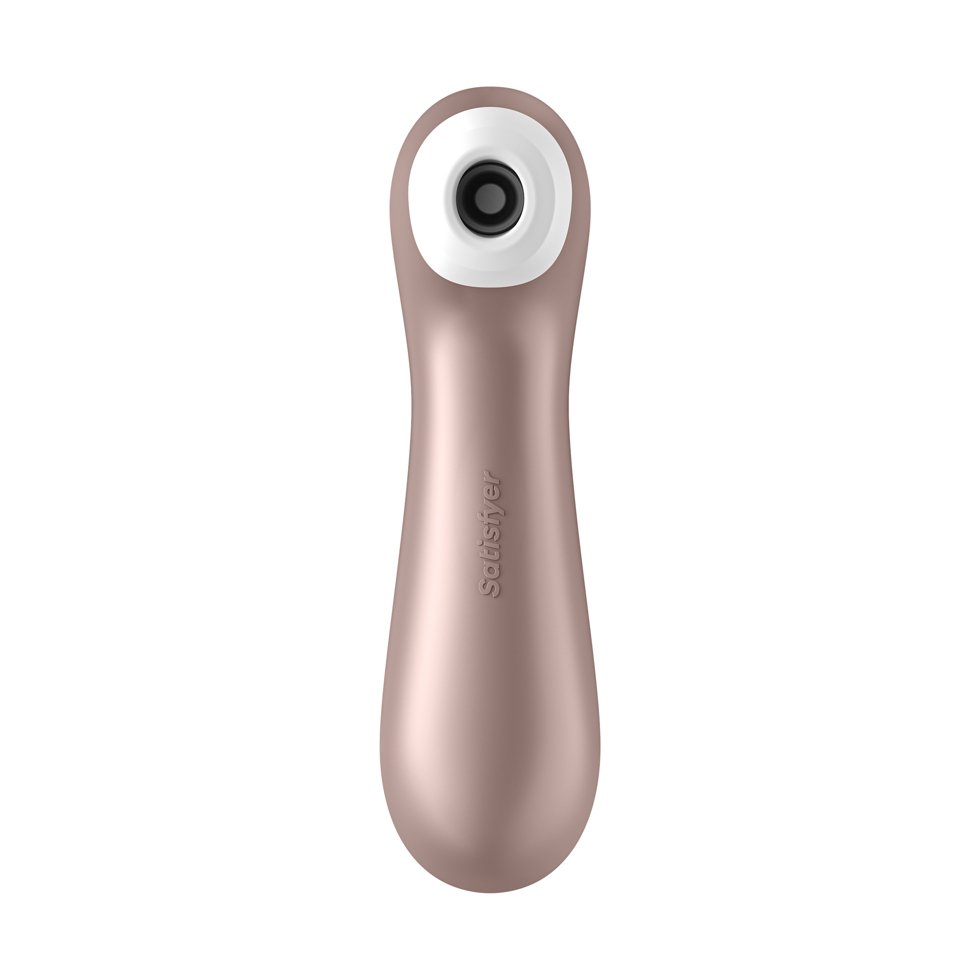 Front of the Satisfyer Pro 2+ Air Pulse Stimulator, on the middle of the handle is engraved the Satisfyer logo.